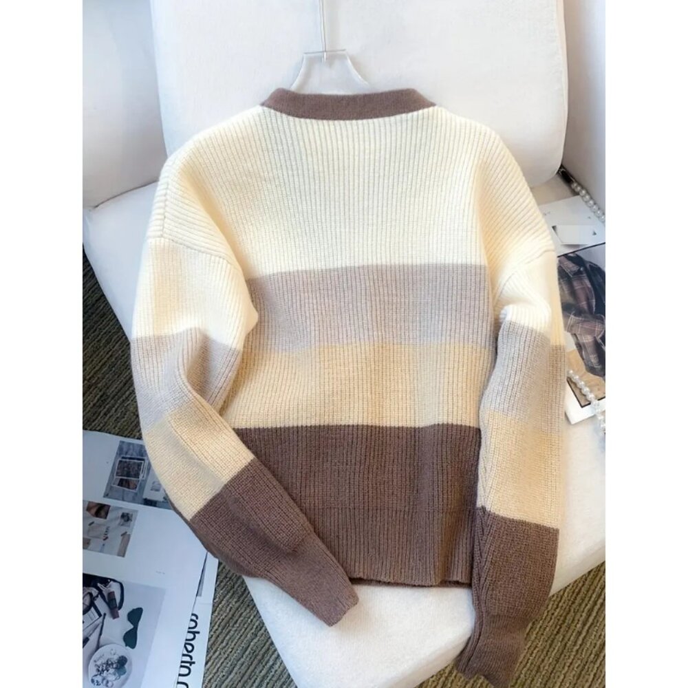 Color Block Button-Up Knit Cardigan – Cozy & Stylish - Picture 2 of 5